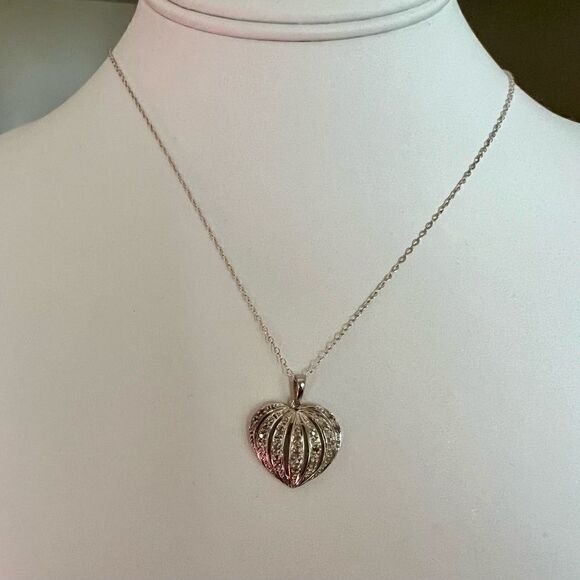 Sterling Silver and Diamond Sliced Heart Necklace Signed HOU - Picture 2 of 9